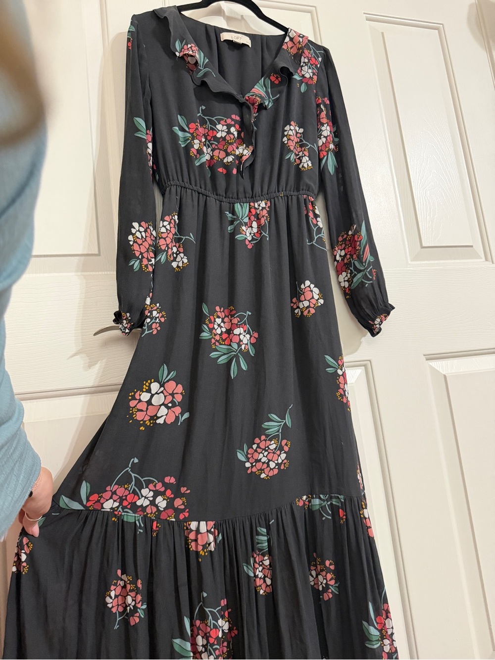 LOFT Petite SP Black Floral Ruffle Maxi Dress Long Sleeve Romantic Boho - Picture 5 of 11